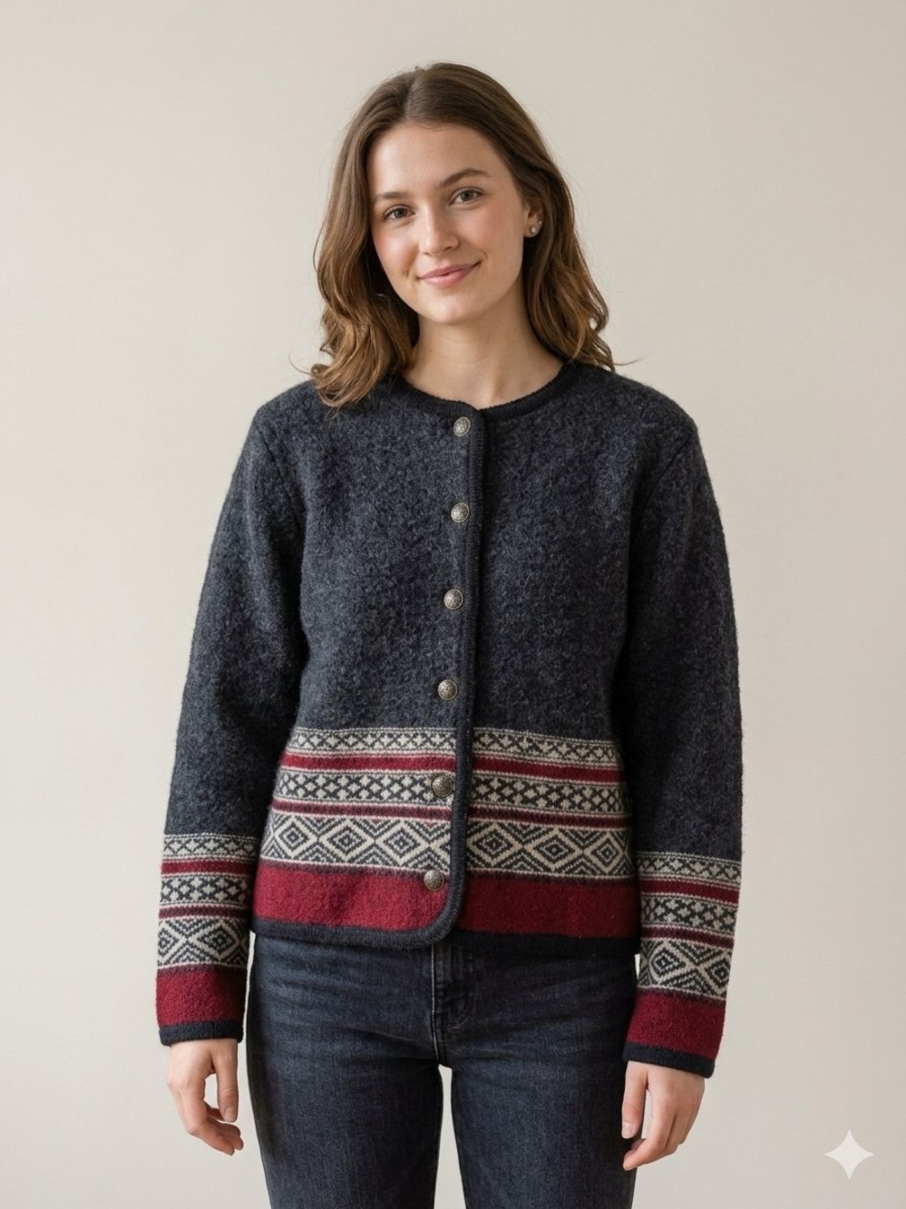 TALLY HO Vintage Wool Cardigan Scandinavian Print Fair Isle Button Sweater Large